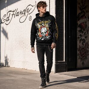 ED HARDY Men's New MEDIUM Pullover Hoodie Black Tattoo Skull Graphic EHM1300-58